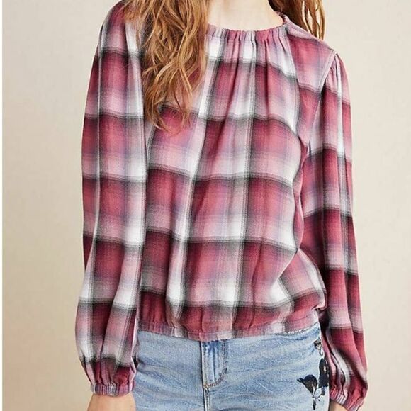 Cloth & Stone Anthropologie Glacier Plaid Elastic Cuff Blouse Raspberry Pink - Picture 1 of 10